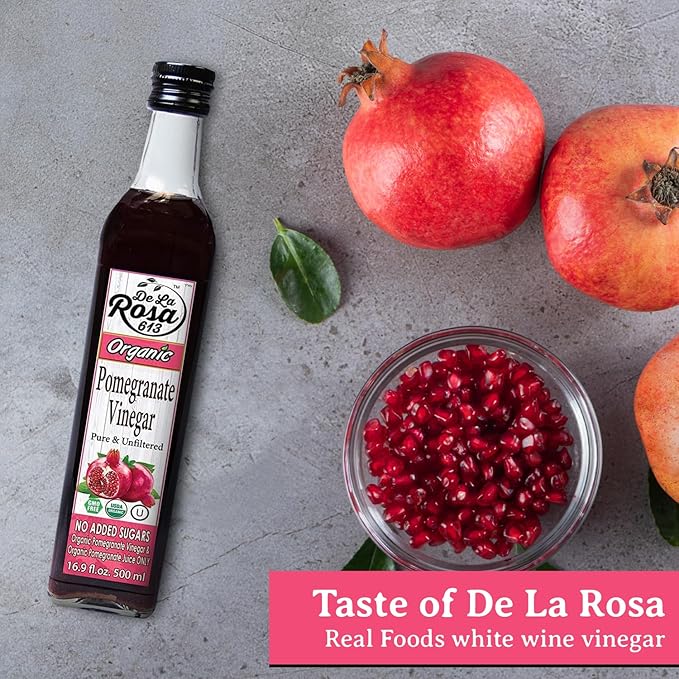 De La Rosa Organic Pomegranate Vinegar, Pure & Unfiltered, Vegan, Gluten Free & Kosher, Great for