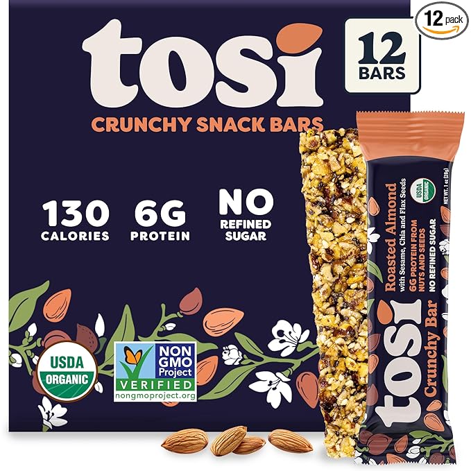 Tosi Almond Protein Bars, Plant Based with Nuts, Gluten-Free Crunchy Snacks, Vegan, Organic, Flax &