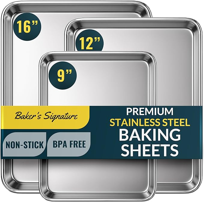 Baker’s Signature Stainless Steel Cookie Sheet Pan, Stainless Steel Baking Sheet Set of 3, Mirror