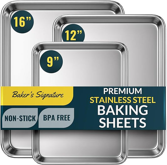 Baker’s Signature Stainless Steel Cookie Sheet Pan, Stainless Steel Baking Sheet Set of 3, Mirror