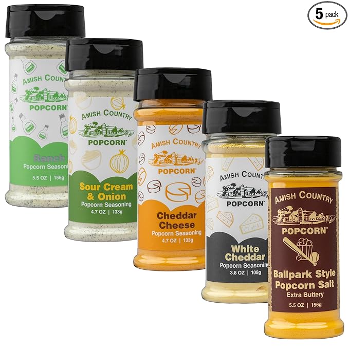 Amish Country Popcorn | Seasoning Variety Pack | 5 Bottles | Ballpark Buttersalt, Cheddar Cheese
