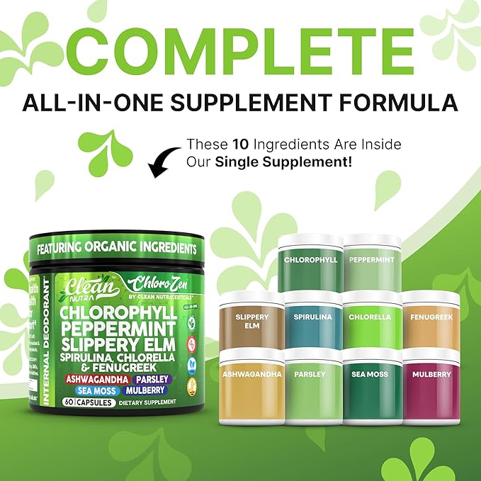 Clean Nutra Chlorophyll Peppermint Slippery Elm Spirulina Chlorella Fenugreek Ashwagandha Sea Moss