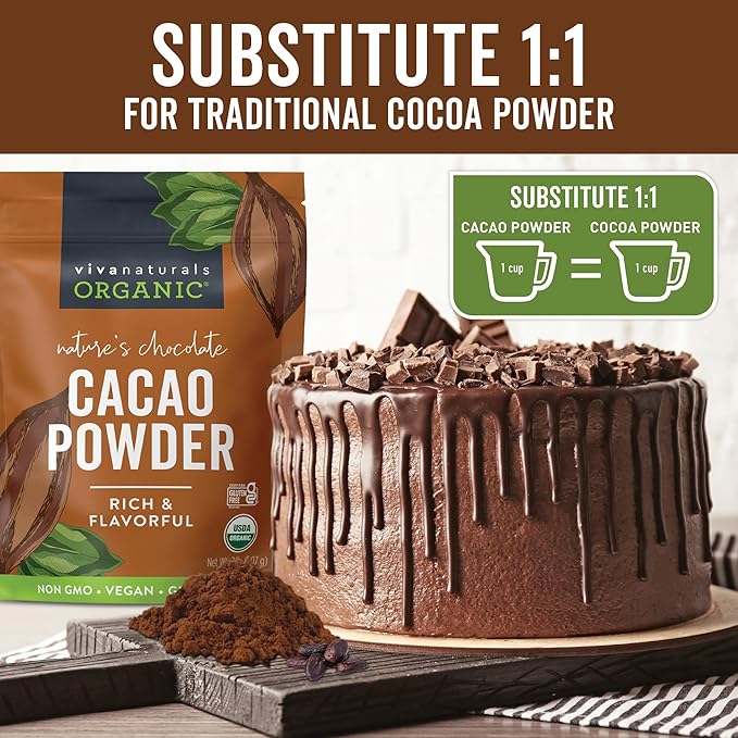 Viva Naturals Organic Cacao Powder, 2lb - Unsweetened Cocoa Powder With Rich Dark Chocolate Flavor