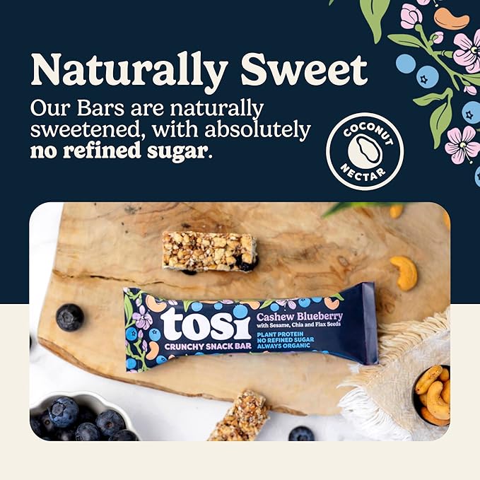 Tosi Cashew Blueberry Protein Bars - Crunchy Nut & Seed Vegan Snack Bars, Gluten Free, 6g Plant