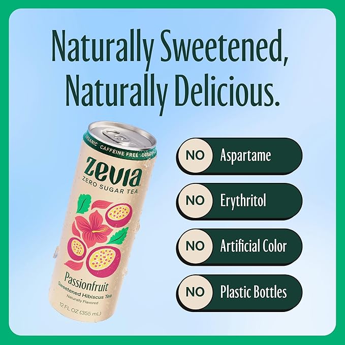 Zevia Zero Sugar Tea, Hibiscus Tea with Passionfruit Caffeine Free, 12 oz Cans (12-Pack)