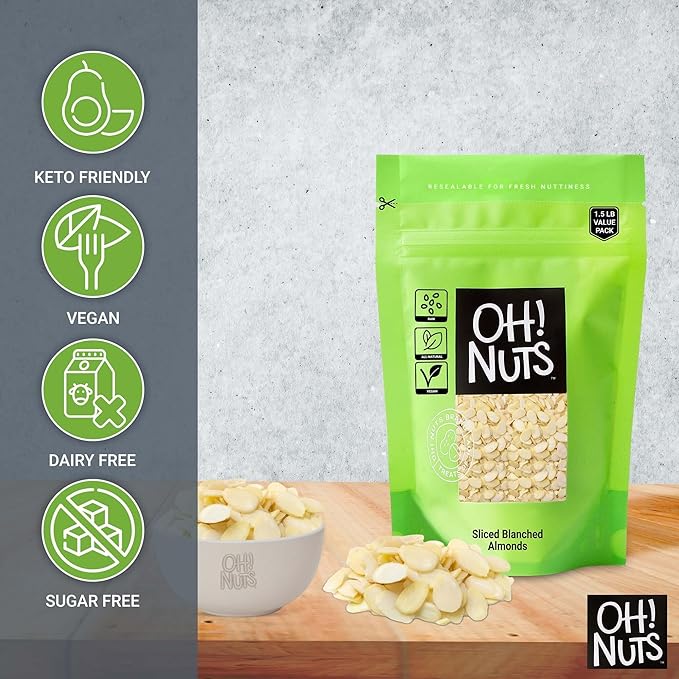 Oh! Nuts Almonds Blanched Sliced - Raw - 100% Natural - 1.5 lb - High-Protein Almonds - Packed in