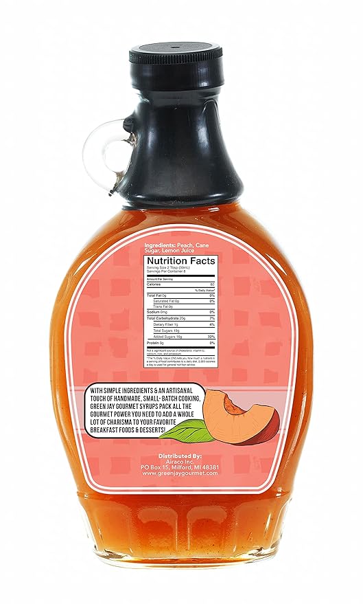 Green Jay Gourmet Peach Syrup - 3 Ingredient Premium Breakfast Syrup with Fresh Peaches, Cane Sugar