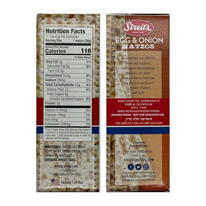 Streit's Egg & Onion Matzo - Thin & Crispy, Low Sodium, Low Fat, Family Owned, Kosher Certified