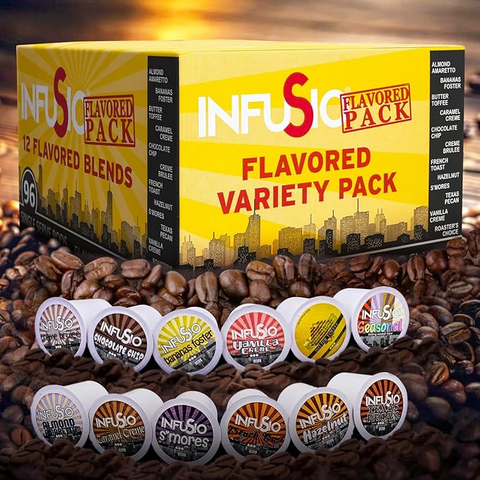 InfuSio Flavored Coffee Pods Variety Pack – 96 Count, 12 Gourmet Medium Roast Dessert-Inspired