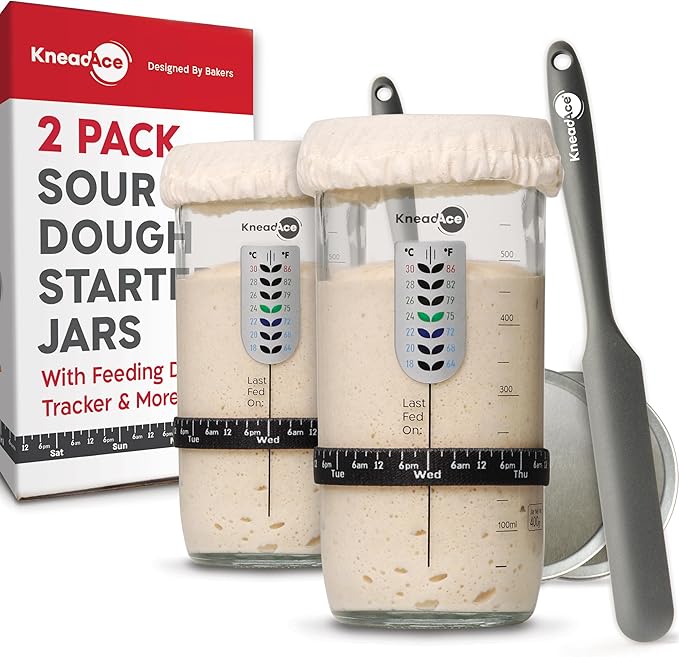 Sourdough Starter Jar With Date Marked Feeding Band, Thermometer, Sourdough Jar Scraper, Sourdough