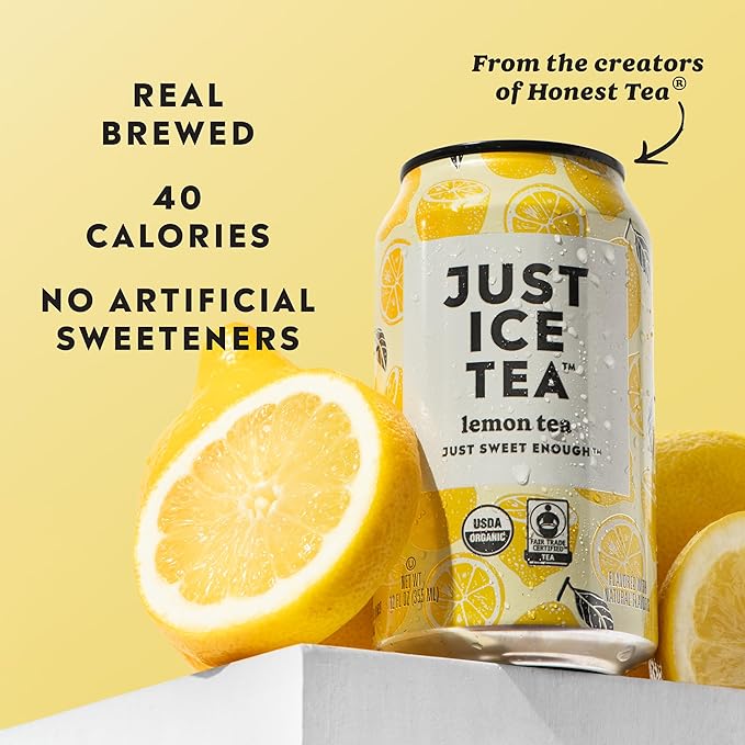 Just Ice Tea, Lemon Flavored Black Iced Tea, 12-Pack (12oz Cans), USDA Certified Organic, Real