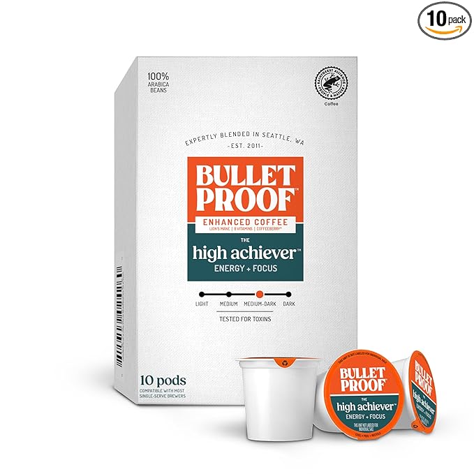Bulletproof The High Achiever Single-Serve Pods, 10 count, Medium-Dark Roast Enhanced Coffee with