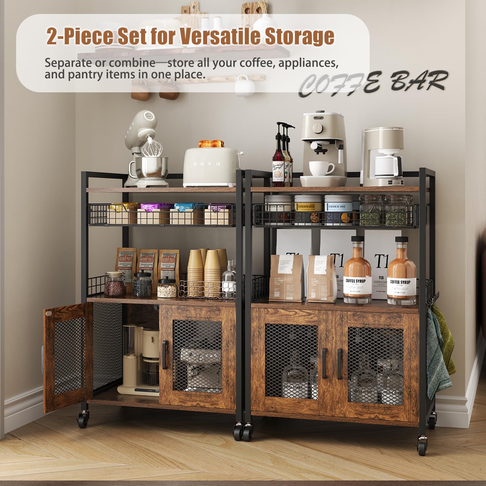 Hencawima Coffee Bar Cabinet, 3 Tier Coffee Station Table on Wheels, 35.9" H Bar Cart with Wire