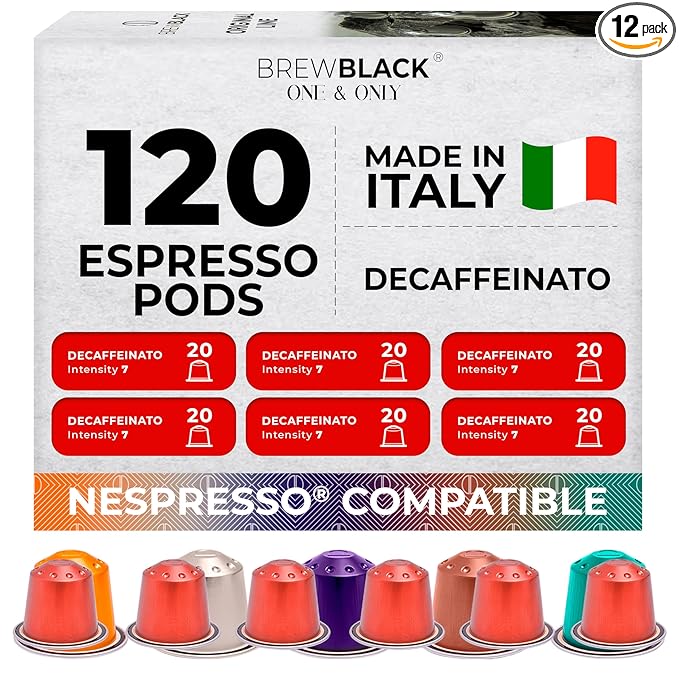 BrewBlack Decaffeinato Coffee Capsules - 120 Aluminum Coffee Pods Compatible with Nespresso