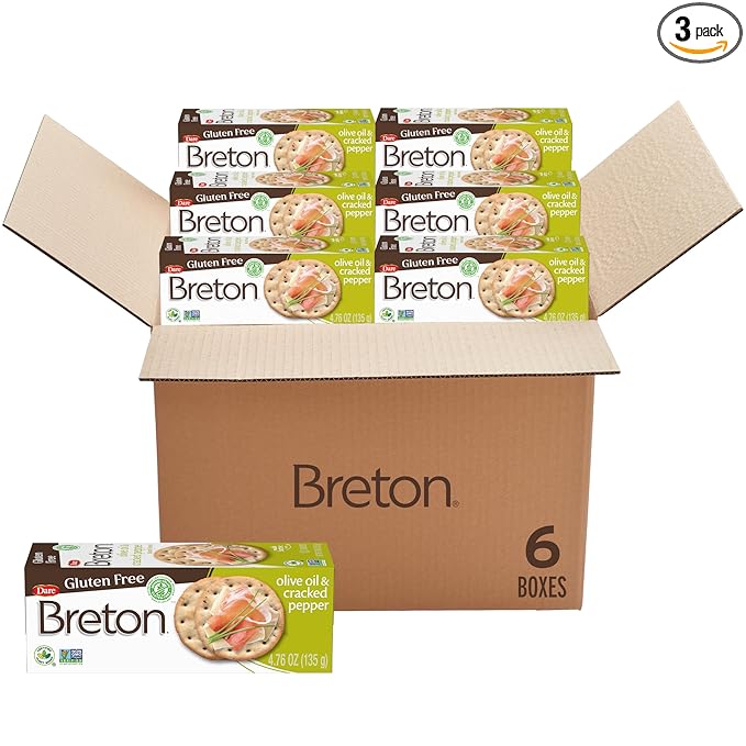 Breton Gluten Free Olive Oil and Cracked Pepper Crackers Bulk (Pack of 6) - Entertaing Pack