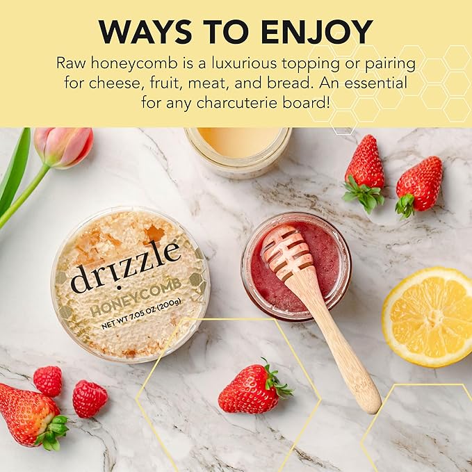 Drizzle Honeycomb - Raw All Natural Honey Comb, Edible Topping for Charcuterie, Unfiltered &