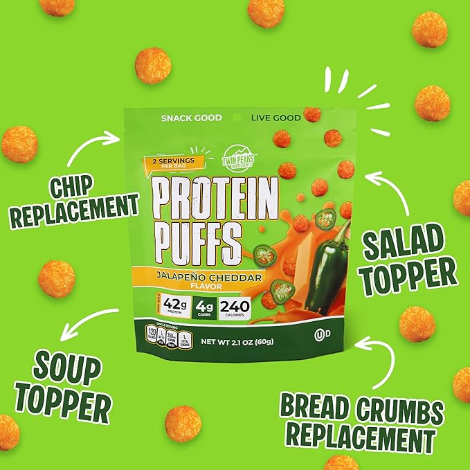 Twin Peaks Low Carb, Keto Friendly Protein Puffs, (Jalapeno Cheddar, 2.1 Ounce), 2 Servings, 3 Pack