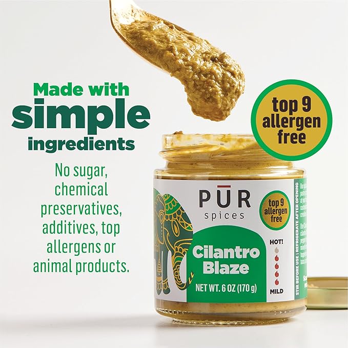 PUR Spices Cilantro Blaze I Hot Sauce & Tangy Cilantro Chutney I Fresh Cilantro, Garlic, Lime and