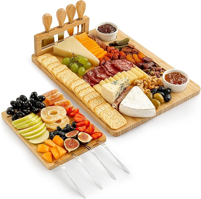 Zulay Kitchen Premium Bamboo Cheese Board Set - Extra Thick Bamboo Charcuterie Board Set with 4