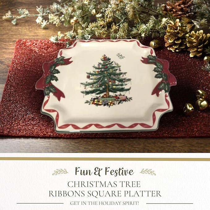 Spode Christmas Tree Ribbons Square Platter with Bow Handles - 11-Inch Holiday Serving Plate for