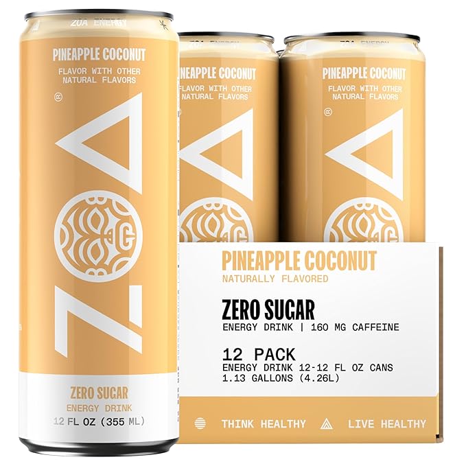 ZOA Zero Sugar Energy Drinks, Pineapple Coconut - Sugar Free with Electrolytes, Healthy Vitamin C