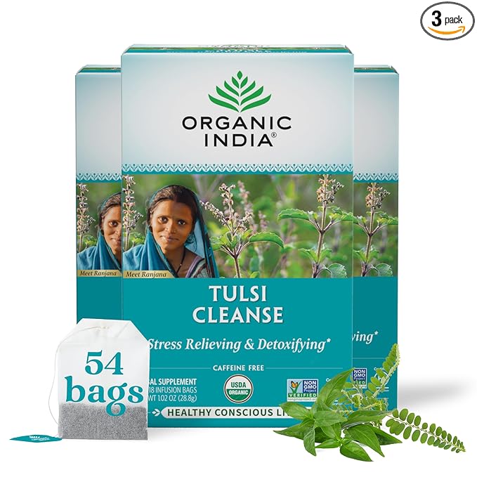 ORGANIC INDIA Tulsi Cleanse Tea - Holy Basil, Ginger, Turmeric, Herbal Tea, Stress Relieving &