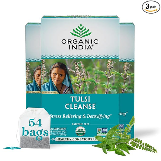 ORGANIC INDIA Tulsi Cleanse Tea - Holy Basil, Ginger, Turmeric, Herbal Tea, Stress Relieving &