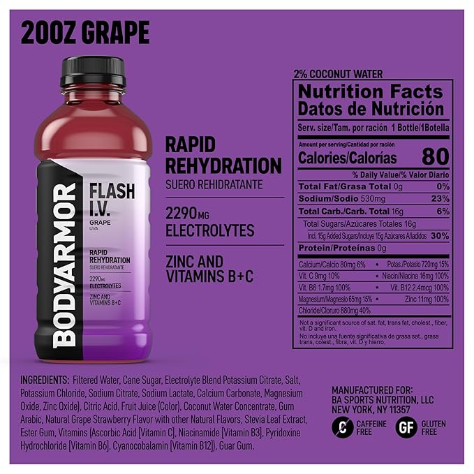 BODYARMOR Flash I.V. Electrolyte Beverage, Grape, Hydration Drink with Coconut Water For Rapid