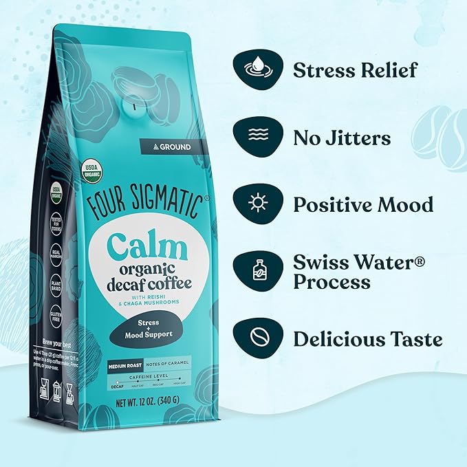 Four Sigmatic Calm Organic Decaf Ground Coffee | Swiss Water Decaf Coffee with Chaga & Reishi