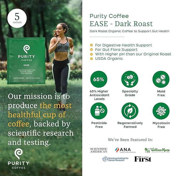 Purity Coffee EASE Dark Roast Low Acid Organic Coffee - USDA Certified Organic Specialty Grade