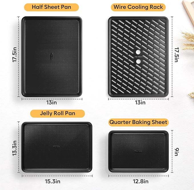 4 Pack Baking Sheet Pan Set Non Stick, Carbon Steel Cookie Sheets for Baking with Wire Rack