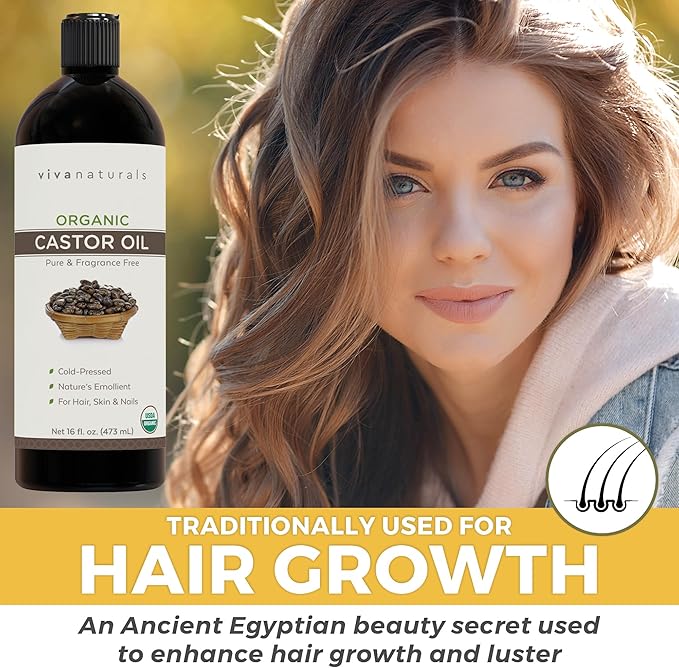 Viva Naturals Cold pressed Organic Castor Oil 16 fl oz - Castor Oil for Face, Eyelashes