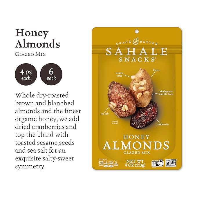 Sahale Snacks Honey Almonds Glazed Mix, 4 oz Pouches (6 Packs) - Dry-Roasted Deluxe Mixed Nuts with
