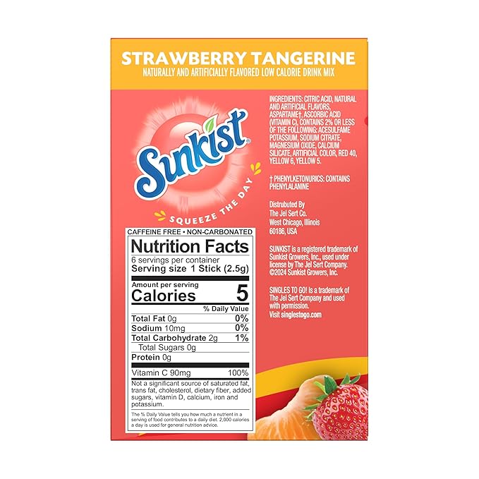Sunkist Singles to go Drink Mix Packets, Strawberry Tangerine, 6-Count Box ??Powdered Drink Packets