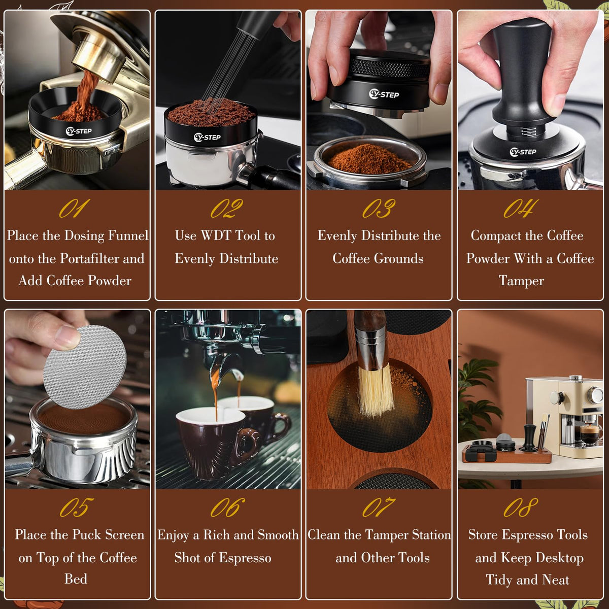 Y-Step 8 Pcs Espresso Accessories Kit, 51mm Espresso Tamper Kit Espresso Tools Barista Kit &