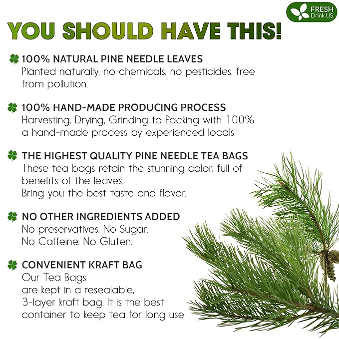 FreshDrinkUS, Pine Needle Tea Bags ??40 Tea Bags, Naturally Caffeine-Free, Refreshing Herbal Tea
