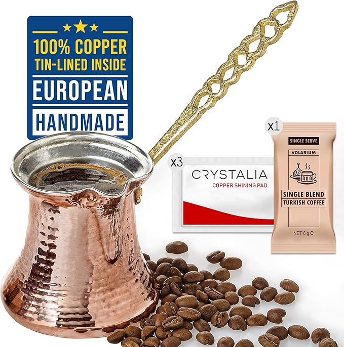 Volarium Turkish Coffee Pot, Greek Arabic Coffee Maker, Hammered Copper Coffee Cezve, Stove Top