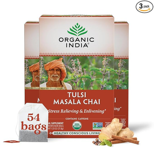 ORGANIC INDIA Tulsi Masala Chai Tea Bags - Holy Basil, Black Tea, Spices with Ginger, Stress
