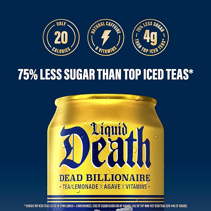Liquid Death, Dead Billionaire Iced Tea, 12-Pack (12 oz Cans), Half Lemonade Half Black Tea, Low