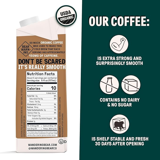 Wandering Bear Extra Strong Organic Cold Brew Coffee, Straight Black, 32 fl oz, 1 pack - Smooth