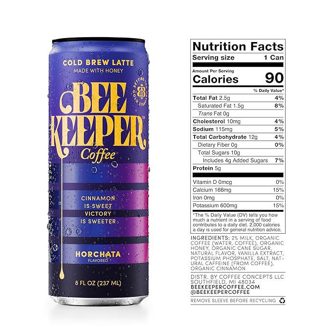 Beekeeper Coffee Cold Brew Horchata Latte with Oregon Honey, 8 fl oz cans (Pack of 12)