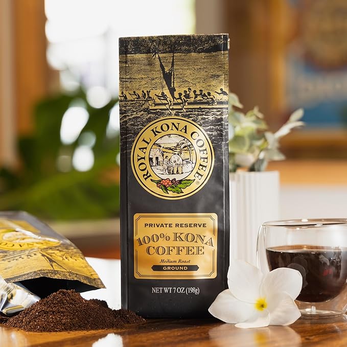 ROYAL KONA COFFEE Ground - 100% Hawaiian Kona Coffee, Private Reserve, Medium Roast, (Pack of 2)