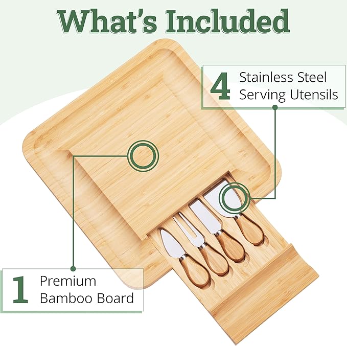 Charcuterie Board Gift Set, Bamboo Cheese Board With Cutlery, Includes Stainless Steel Serving