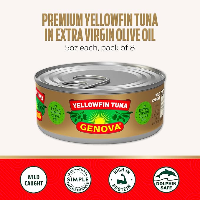 Genova Premium Yellowfin Tuna in Extra Virgin Olive Oil with Sea Salt, 5 Ounce Cans (Pack of 24)