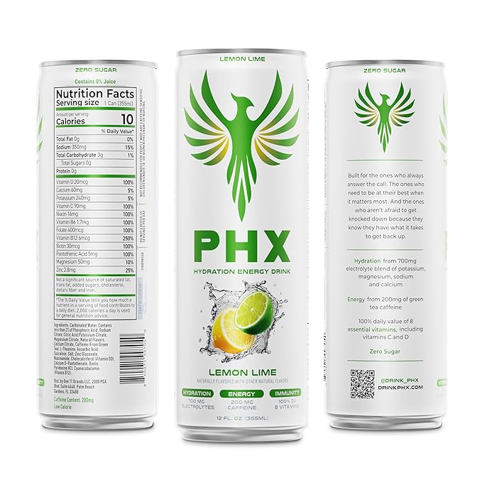 PHX Hydration Energy Drink - 700mg Electrolytes, 200mg Natural Green Tea Caffeine, 100% Daily Value