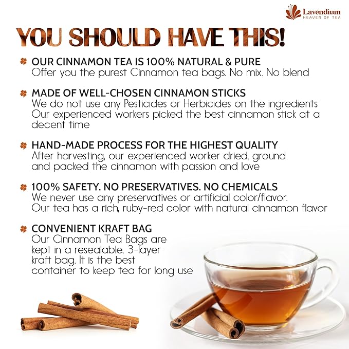 Lavendium, 30 Pure Cinnamon Tea Bags, Made of 100% Natural Cinnamon Sticks, Herbal Tea, No
