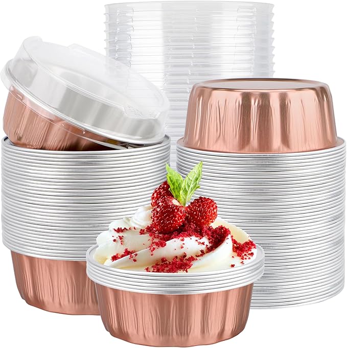 EUSOAR Cake Pans with Lids, 100pcs 9oz Rose Gold Cake Covers and Cake Containers, Disposable Muffin