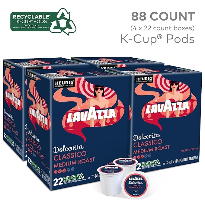 Lavazza Dolcevita Classico, Single-Serve Keurig K-Cup Pods, Medium Roast Coffee, 88-Count Box (4