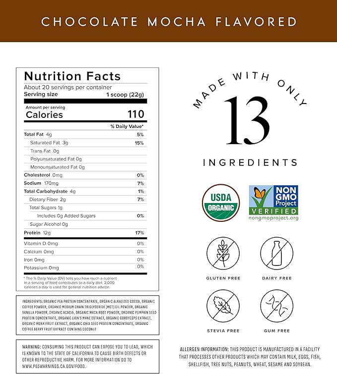 Truvani Protein + Energy Drink Mix with 87mg Caffeine | Chocolate Mocha | 12g Organic Plant Based