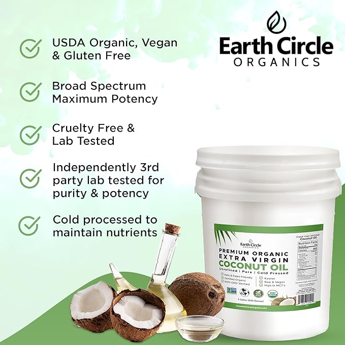 Earth Circle Organics Premium Ultra-Pure UNREFINED Cold Pressed Organic Extra Virgin Coconut Oil